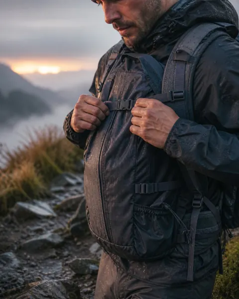 Video mashup: a hiker adjusting a backpack at a wet trailhead.