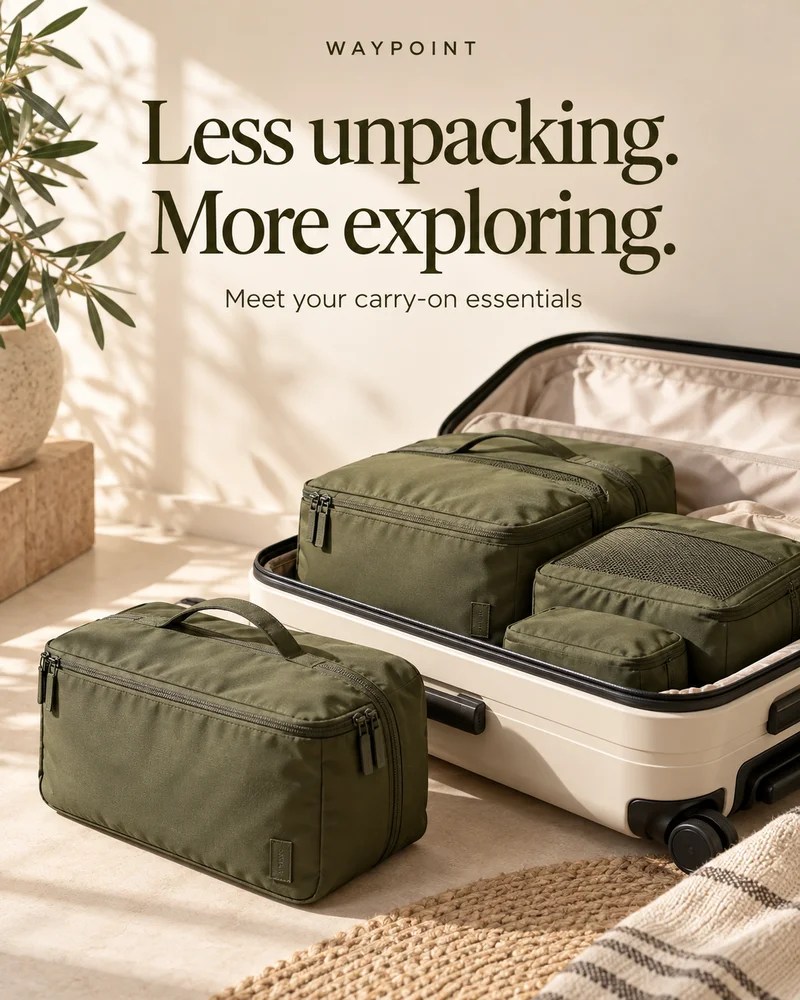 WAYPOINT packing-cube ad: Less unpacking. More exploring.